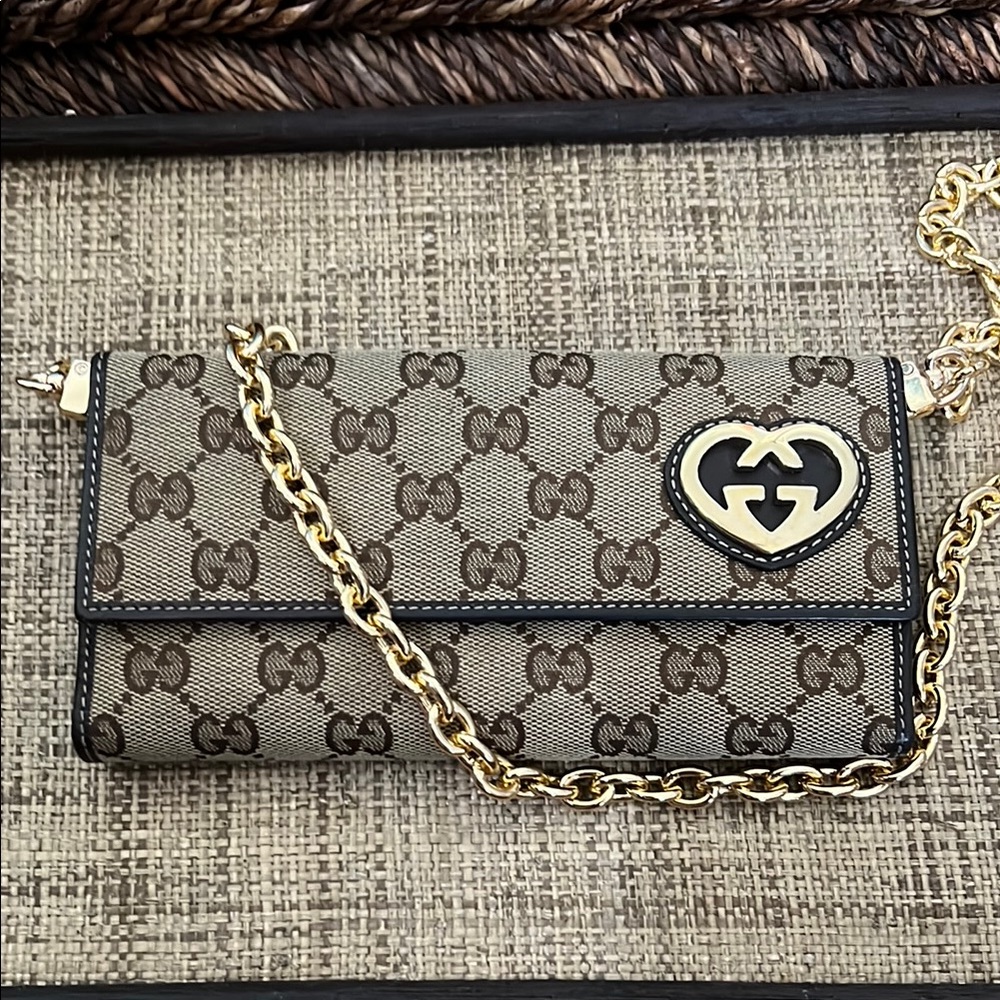 Gucci Beige and Brown Clutch with Gold Chain